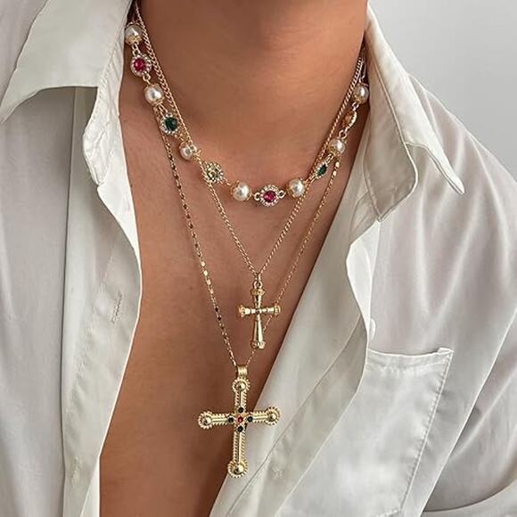 Gold Plated Layered Cross Necklace Colorful Crystal Statement Chain - Picture 4 of 7